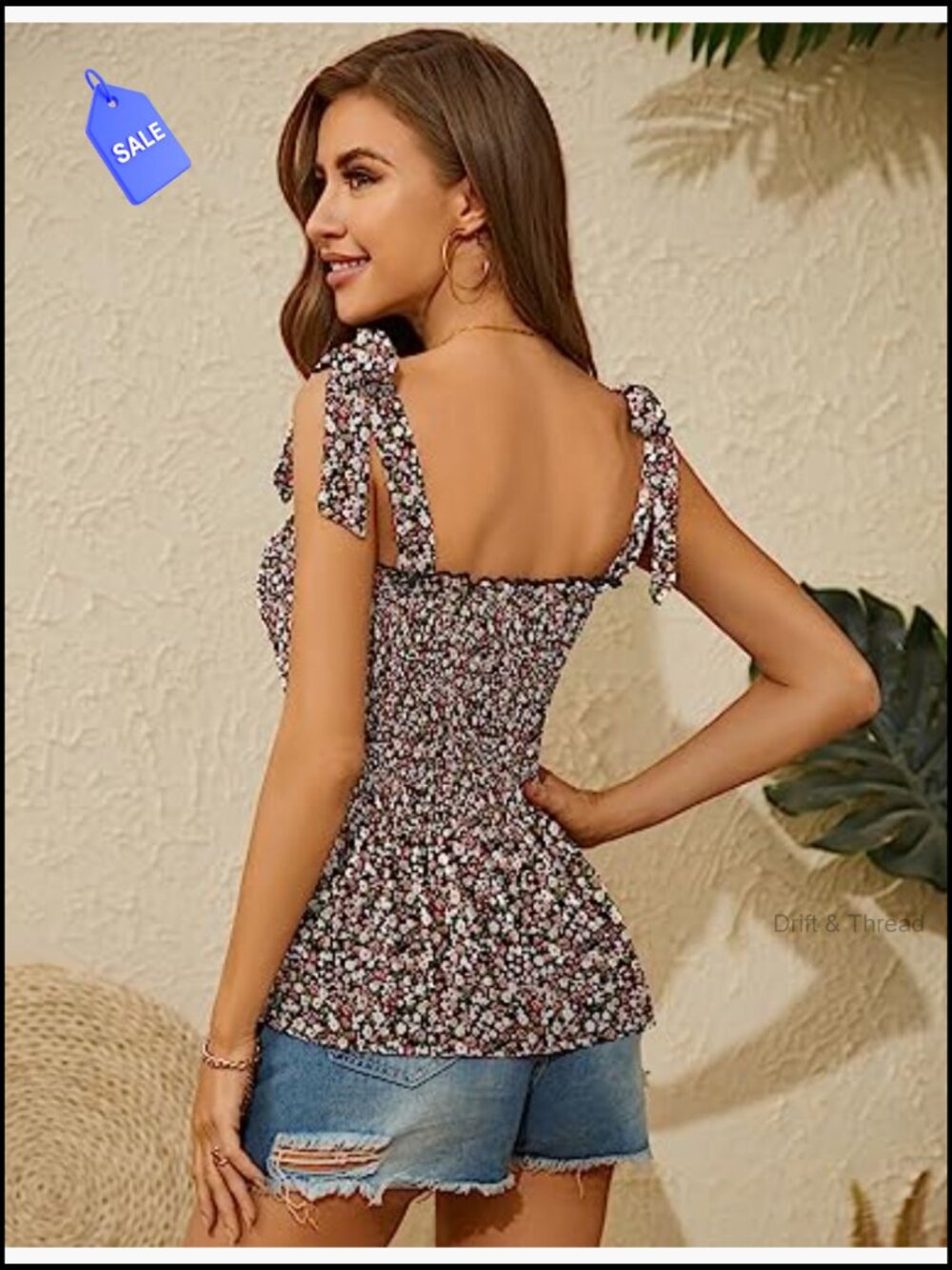 Women's Sleeveless Ruffle Tank Top Square Neck Tie Shoulder Blouse - Picture 3 of 7